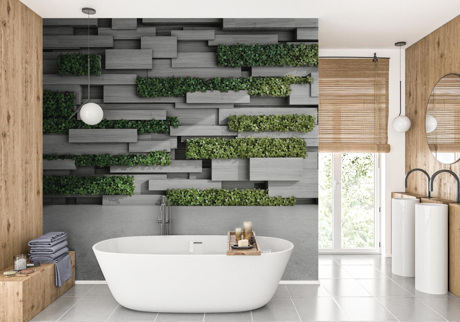 Fototapet perete de piatră decorat cu plante verzi