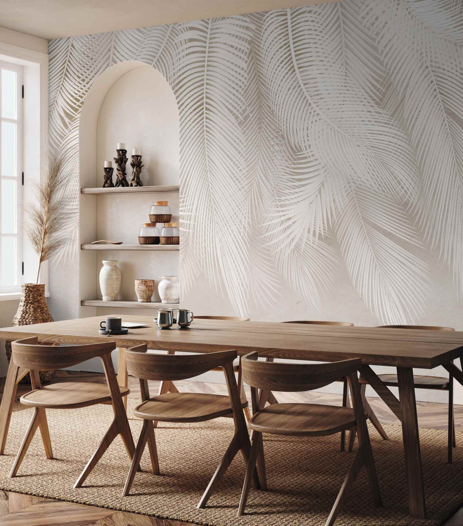 Fototapet ferigi luminoase pe un fundal de nuanțe deschise