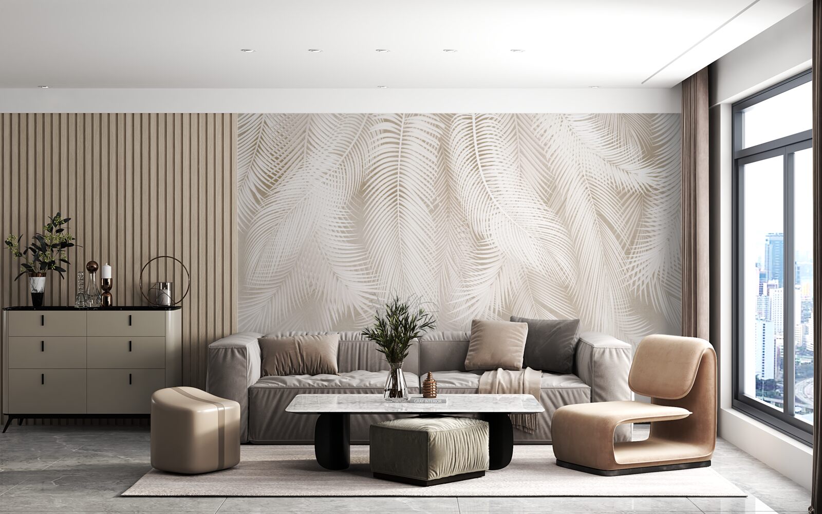 Fototapet ferigi luminoase pe un fundal de nuanțe deschise