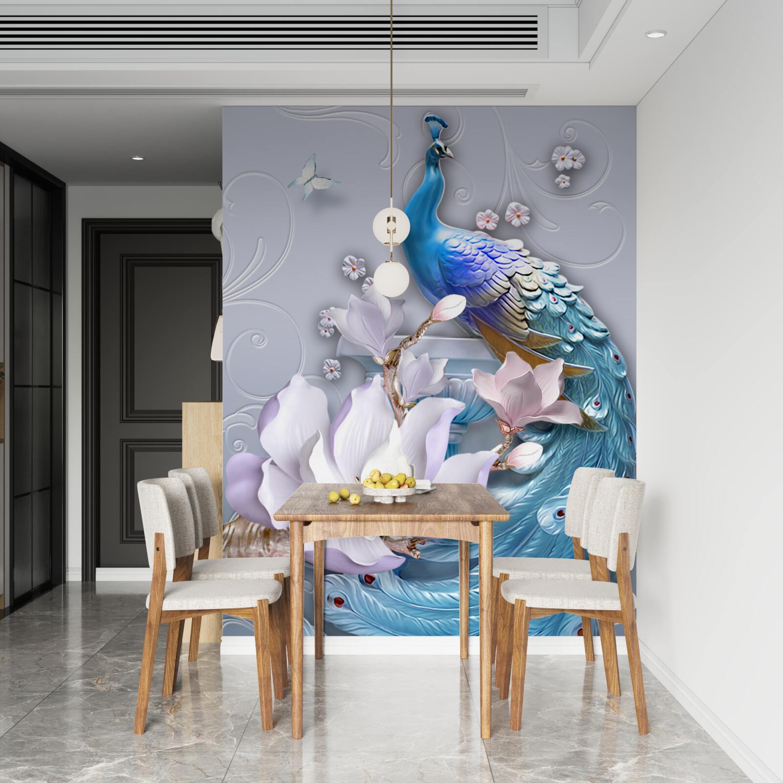 Fototapet păun magnific cu o coadă stufoasă pictat în nuanțe luminoase