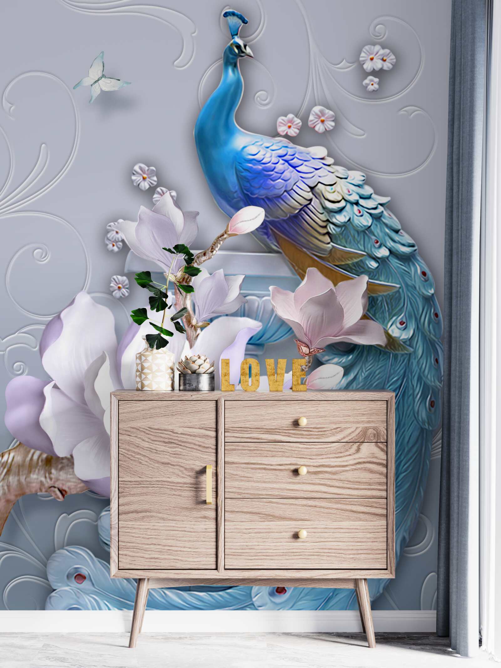 Fototapet păun magnific cu o coadă stufoasă pictat în nuanțe luminoase