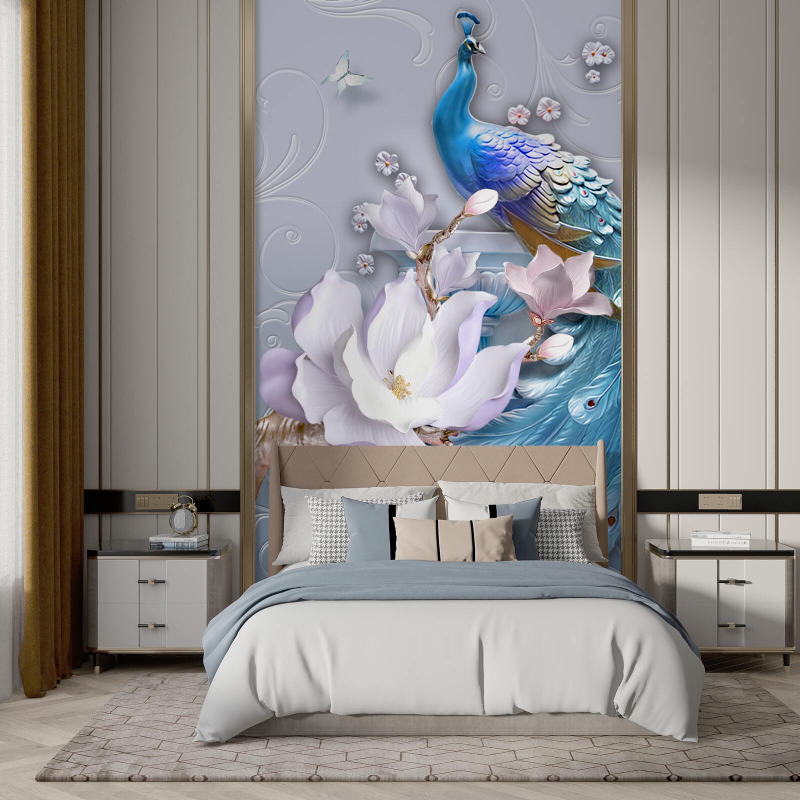 Fototapet păun magnific cu o coadă stufoasă pictat în nuanțe luminoase