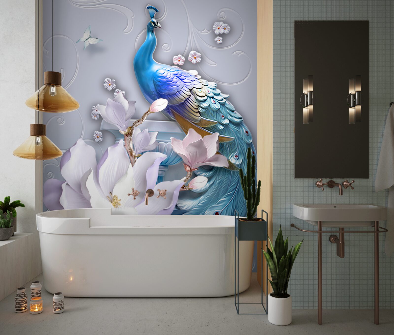 Fototapet păun magnific cu o coadă stufoasă pictat în nuanțe luminoase