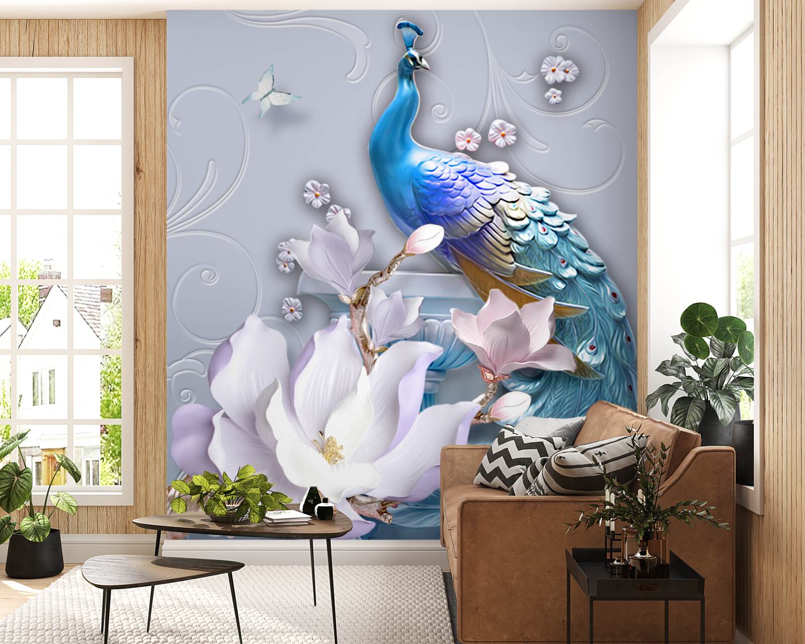 Fototapet păun magnific cu o coadă stufoasă pictat în nuanțe luminoase