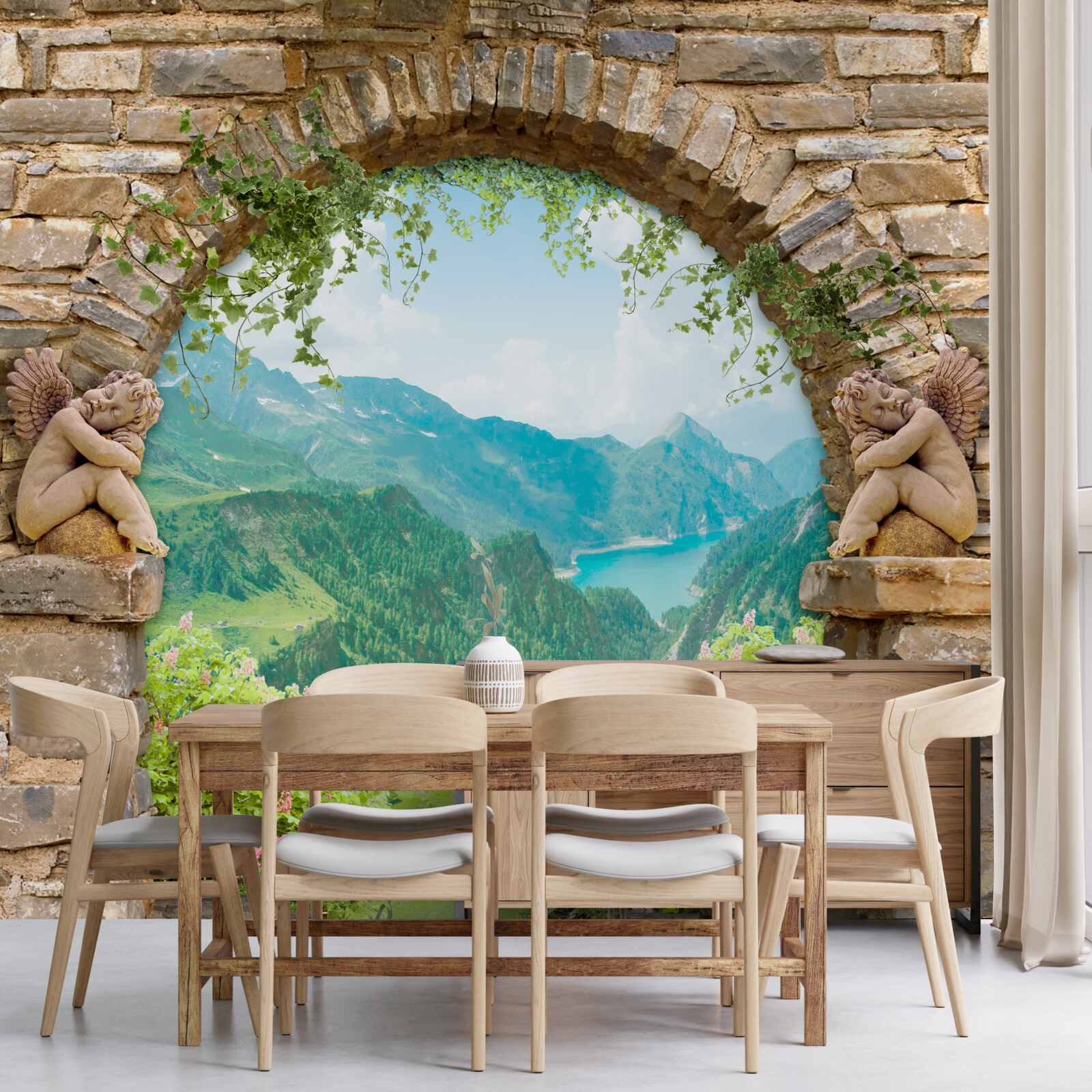 Fototapet arc de piatră vechi cu imaginea de îngeri și panorama de munți