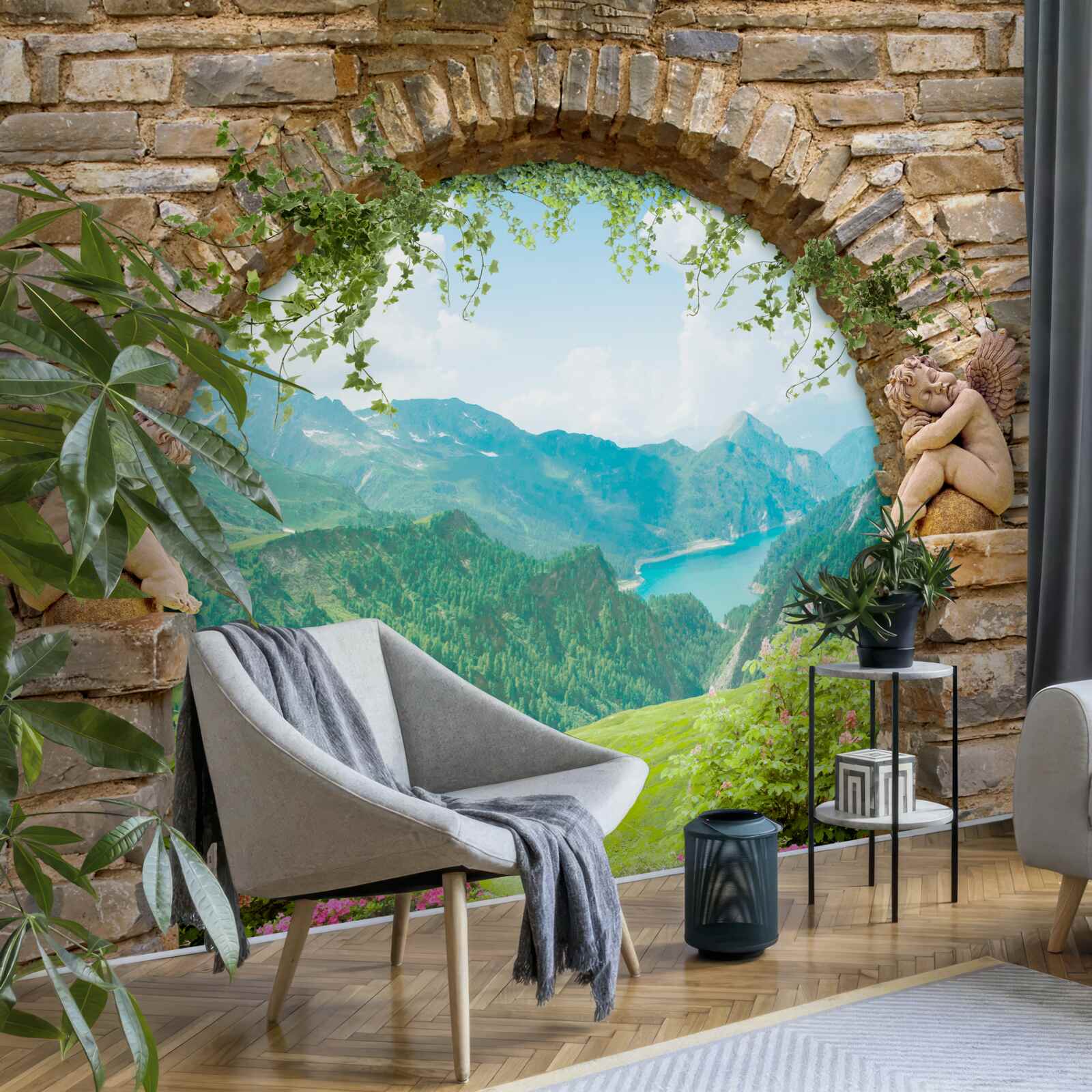 Fototapet arc de piatră vechi cu imaginea de îngeri și panorama de munți