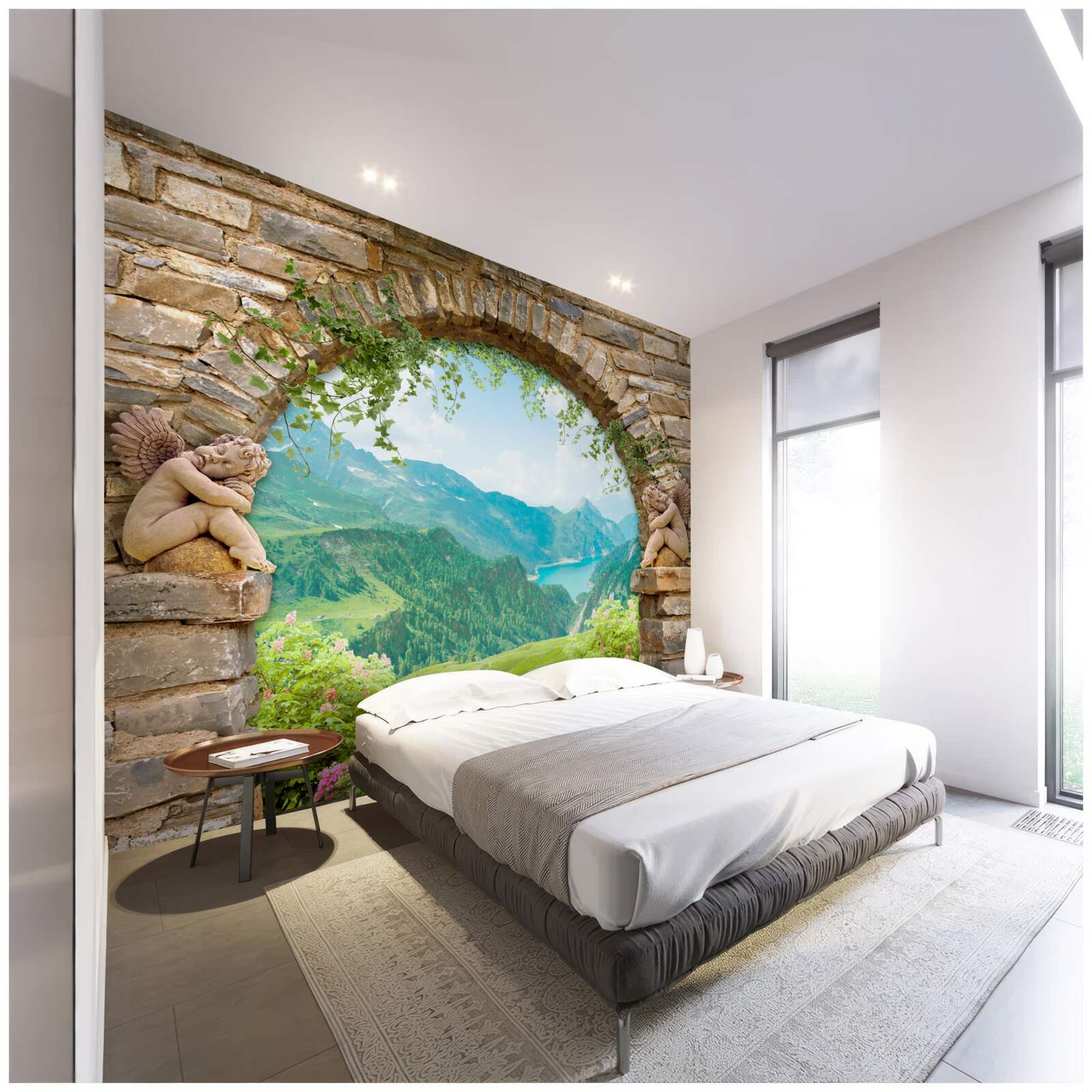 Fototapet arc de piatră vechi cu imaginea de îngeri și panorama de munți