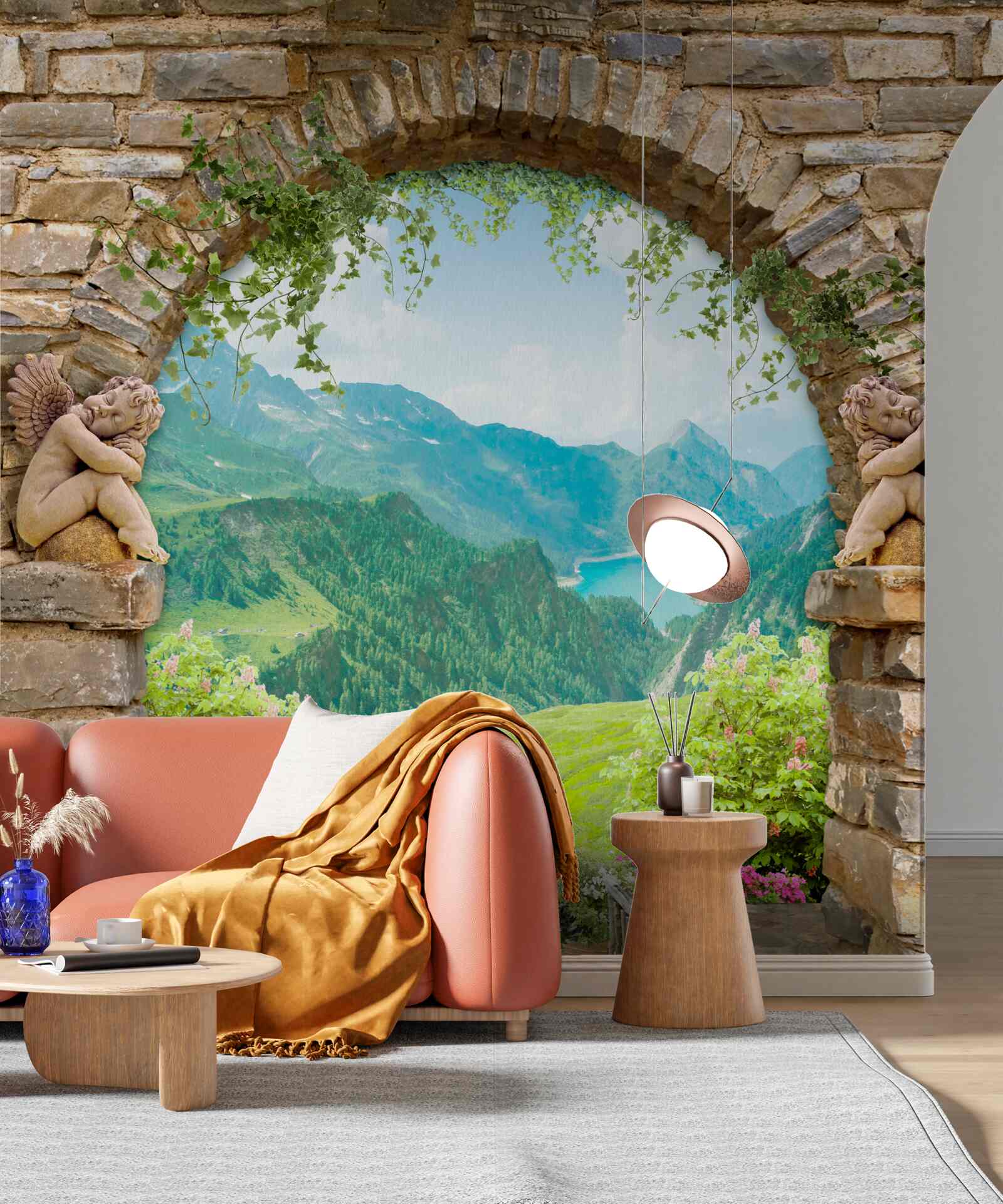 Fototapet arc de piatră vechi cu imaginea de îngeri și panorama de munți