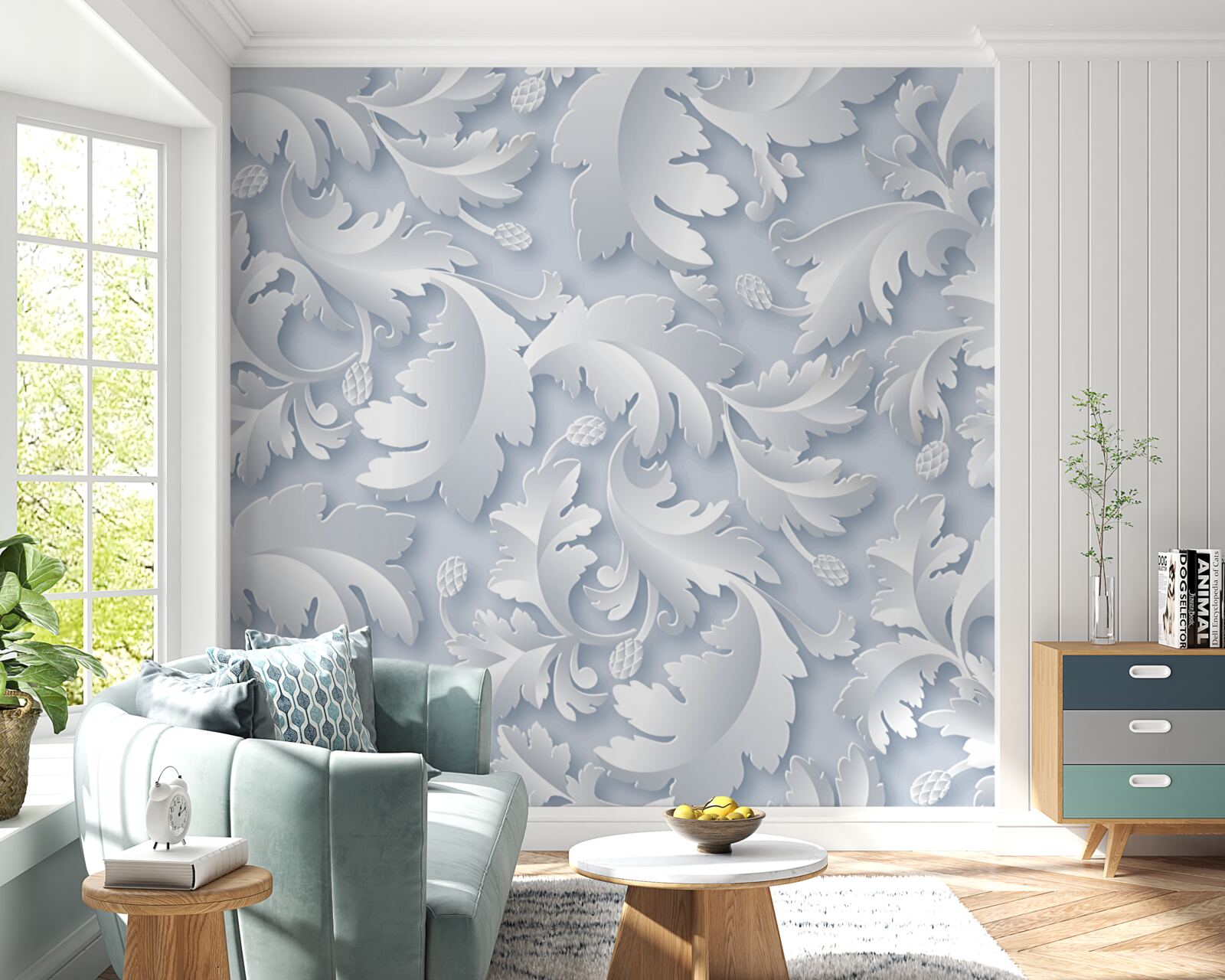 Fototapet abstract cu frunze albe și argintii