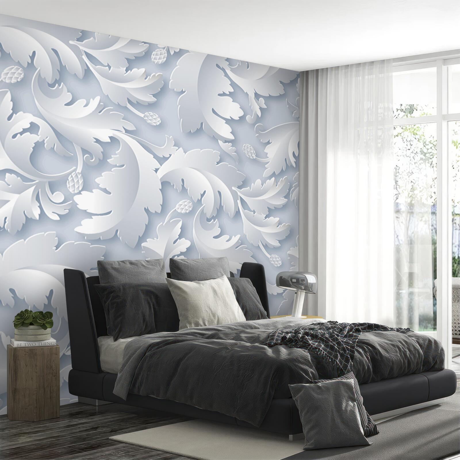 Fototapet abstract cu frunze albe și argintii