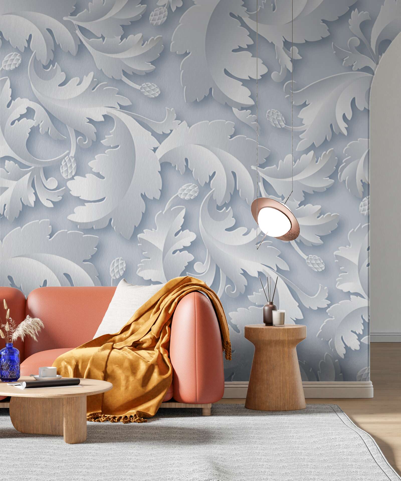 Fototapet abstract cu frunze albe și argintii