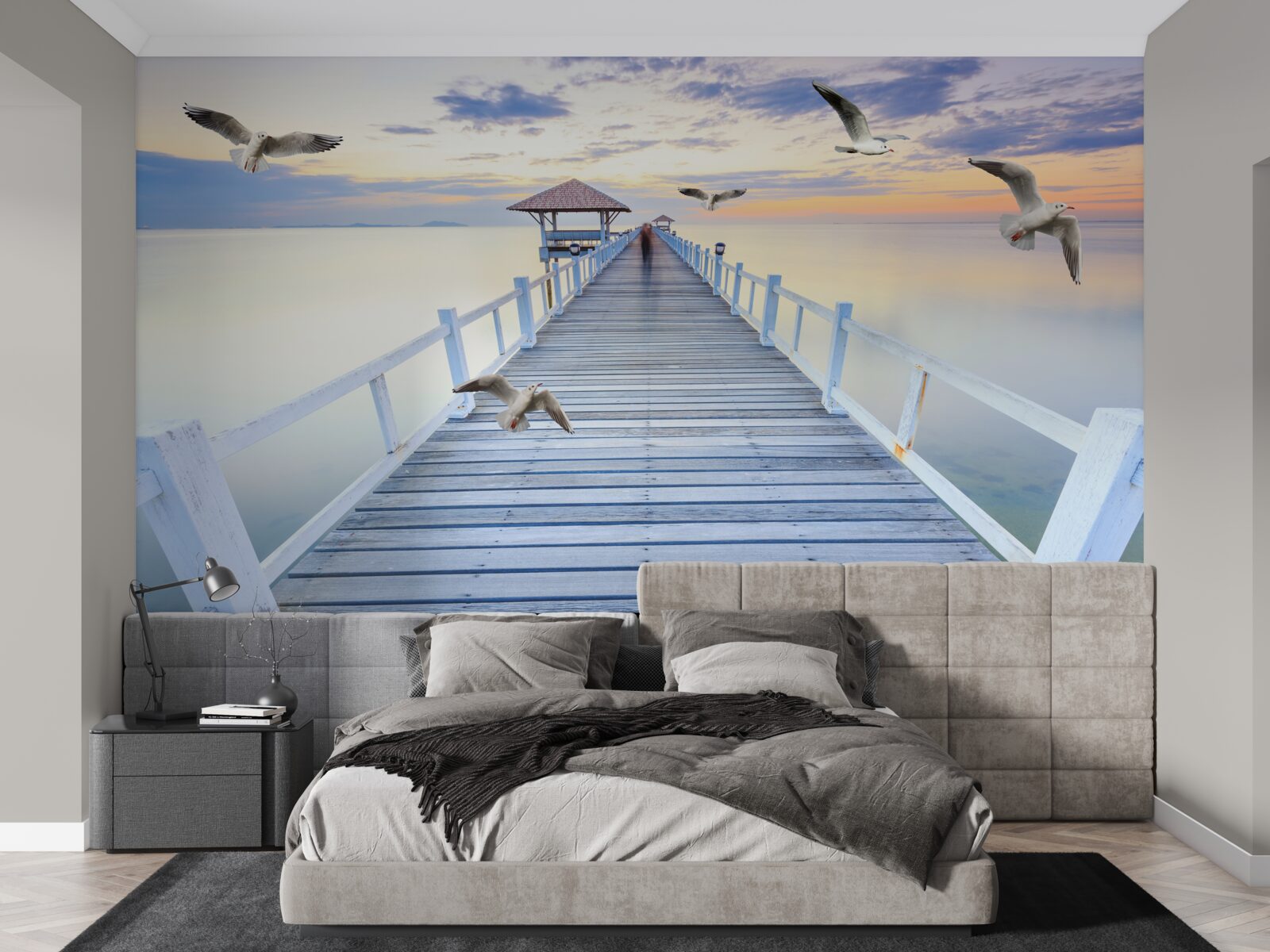 Fototapet chei de lemn și pescăruși care trec