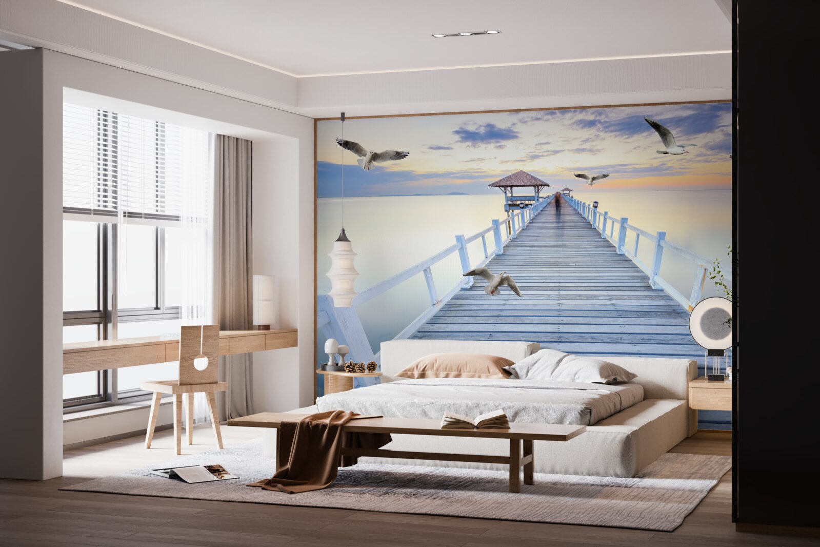 Fototapet chei de lemn și pescăruși care trec