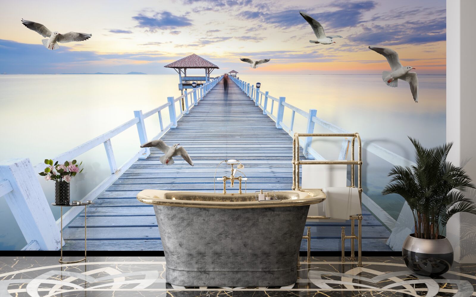 Fototapet chei de lemn și pescăruși care trec