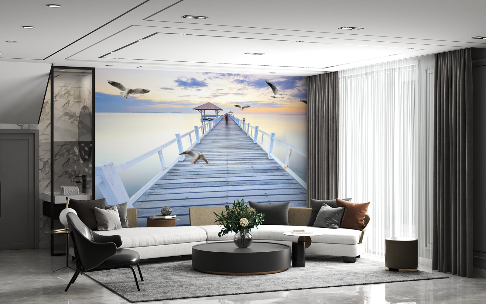 Fototapet chei de lemn și pescăruși care trec