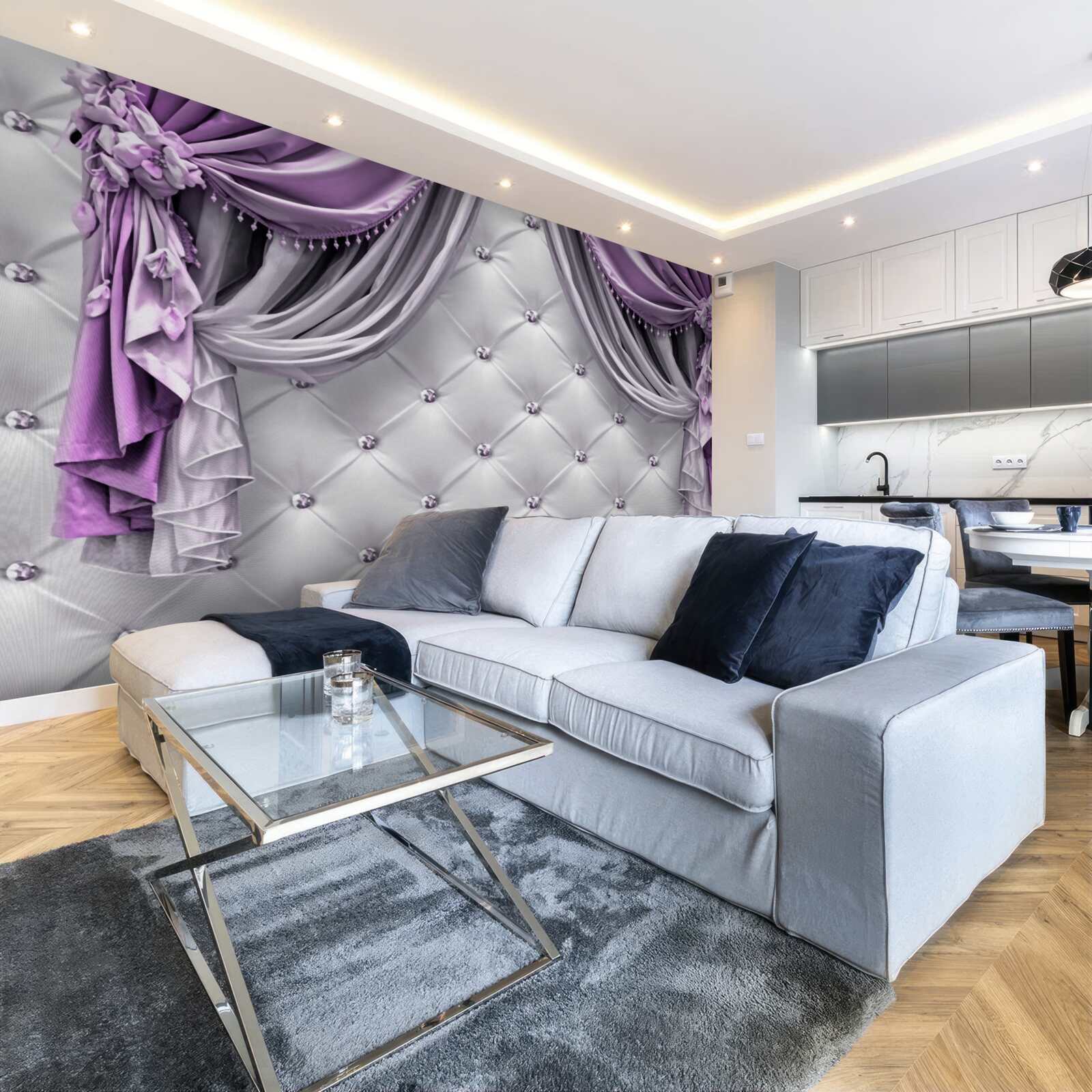 Fototapet țesătură albă delicată și perdele mov