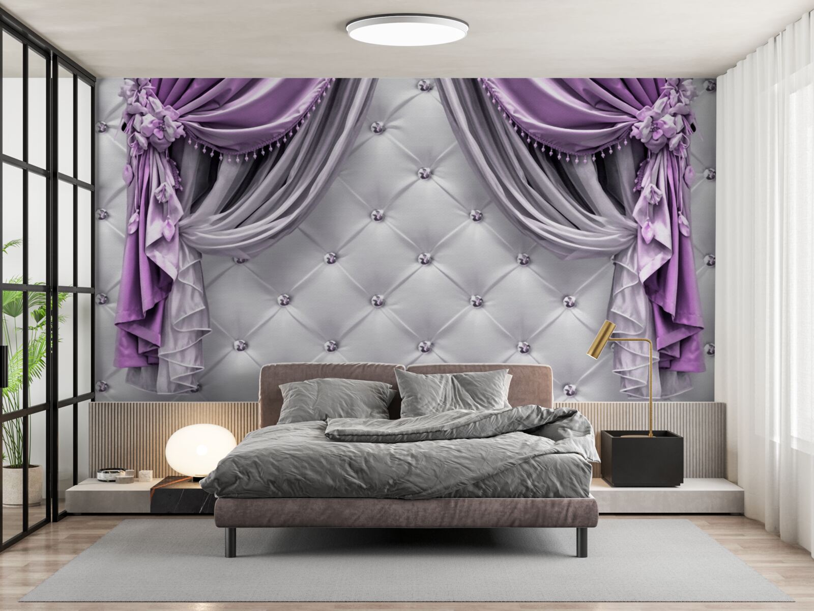 Fototapet țesătură albă delicată și perdele mov