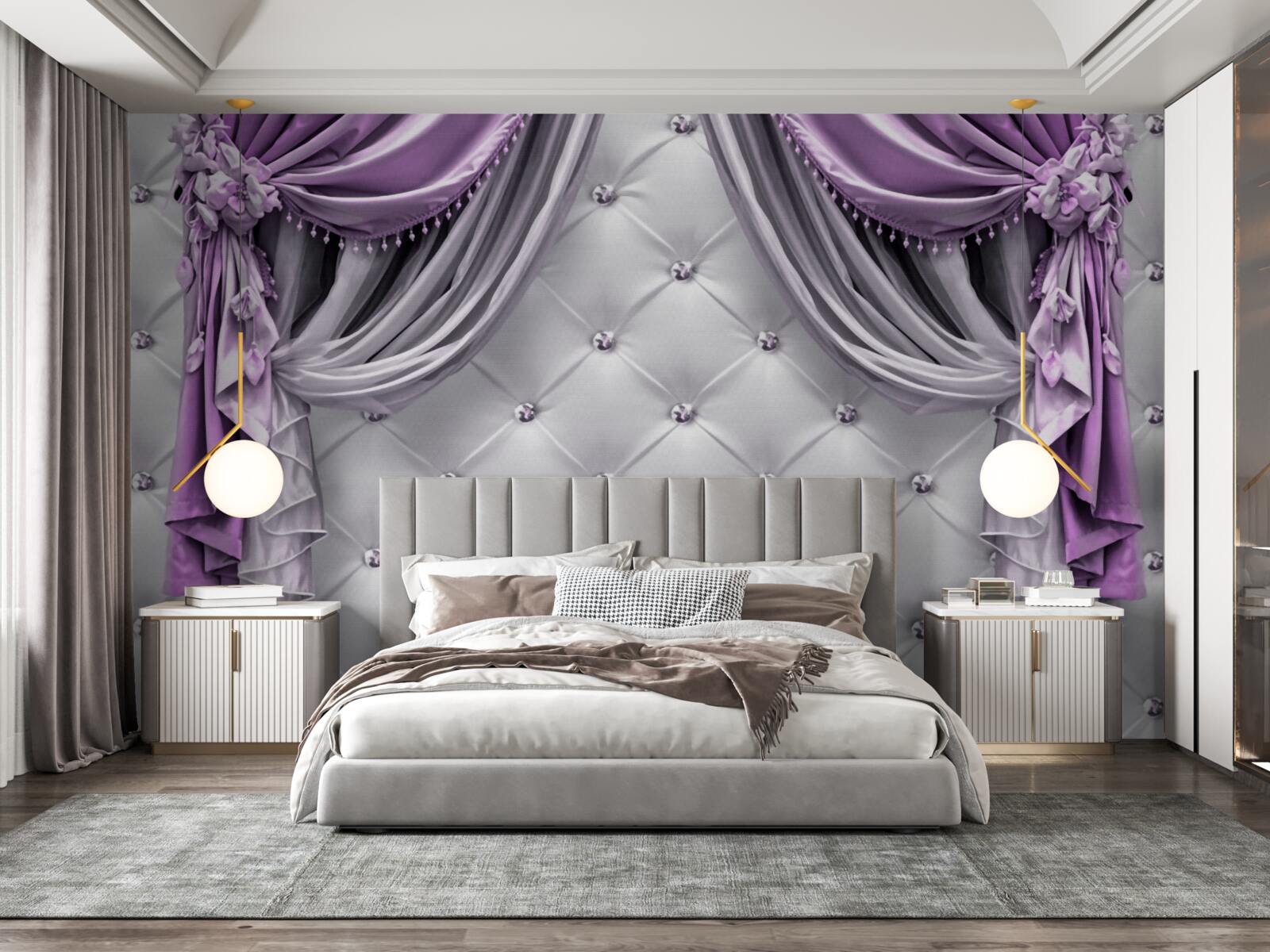 Fototapet țesătură albă delicată și perdele mov