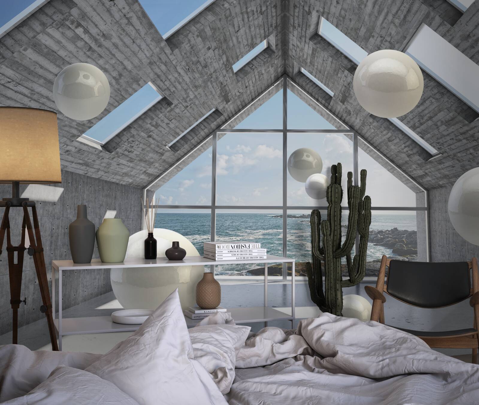 Fototapet perle sferice plutitoare în interiorul unei clădiri gri