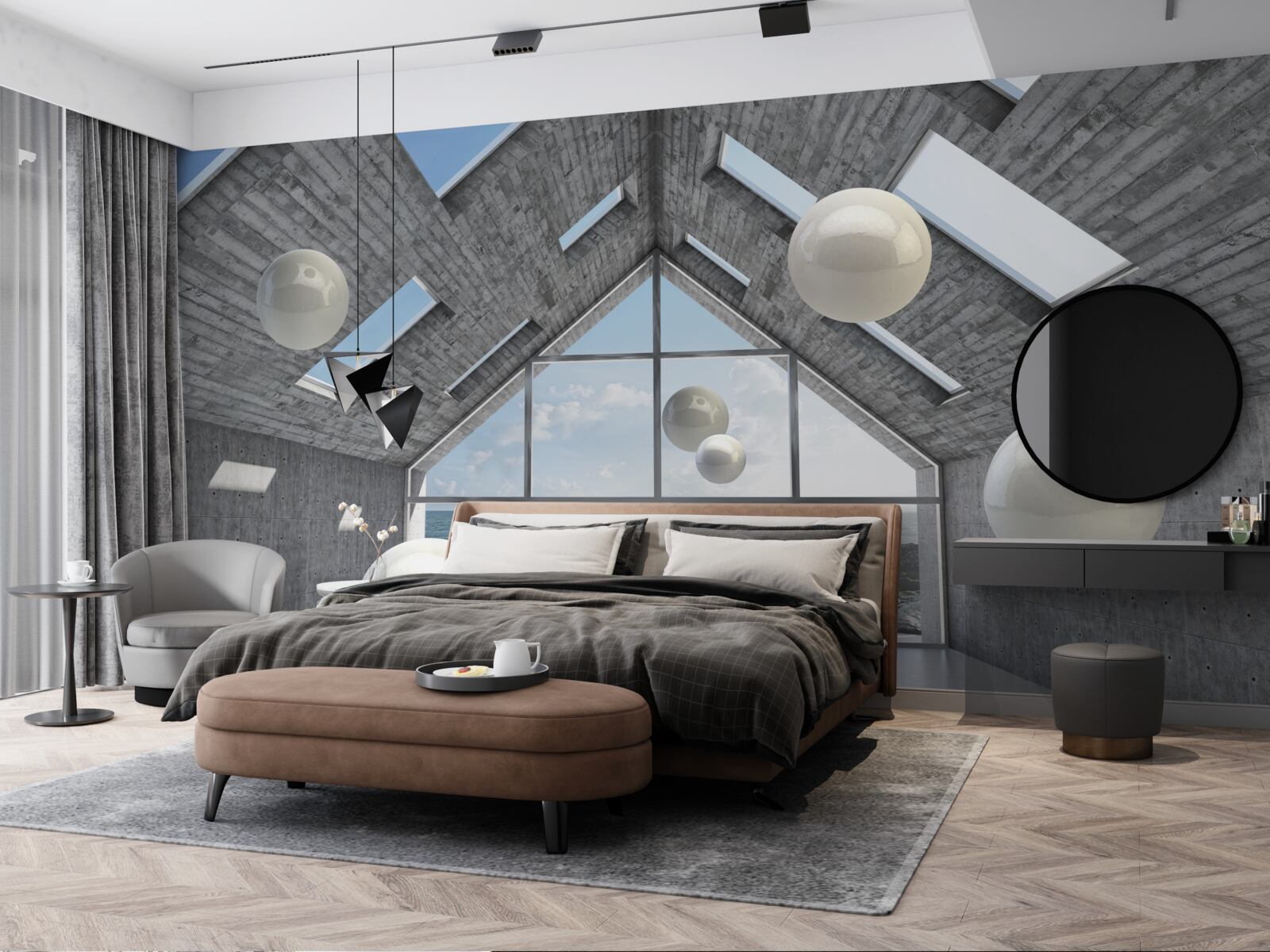 Fototapet perle sferice plutitoare în interiorul unei clădiri gri