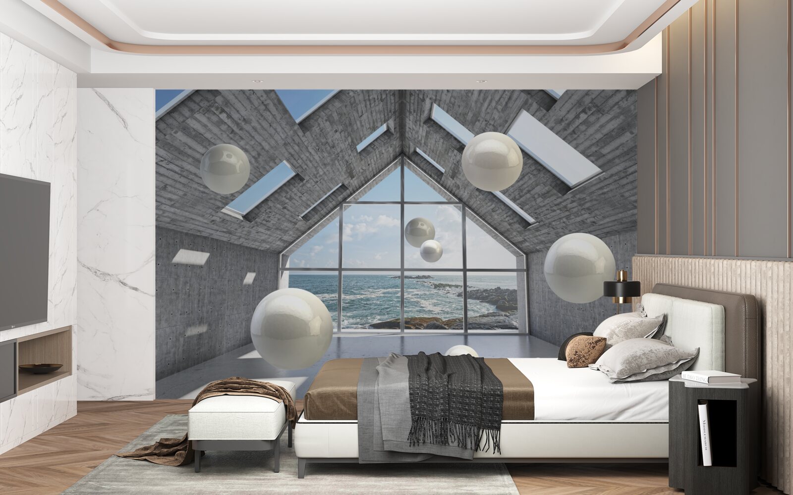 Fototapet perle sferice plutitoare în interiorul unei clădiri gri