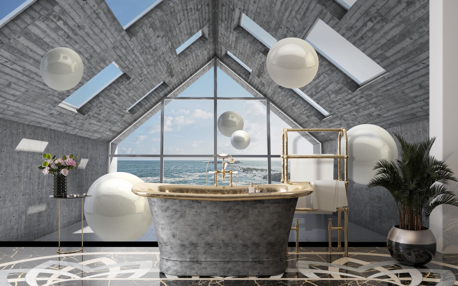 Fototapet perle sferice plutitoare în interiorul unei clădiri gri