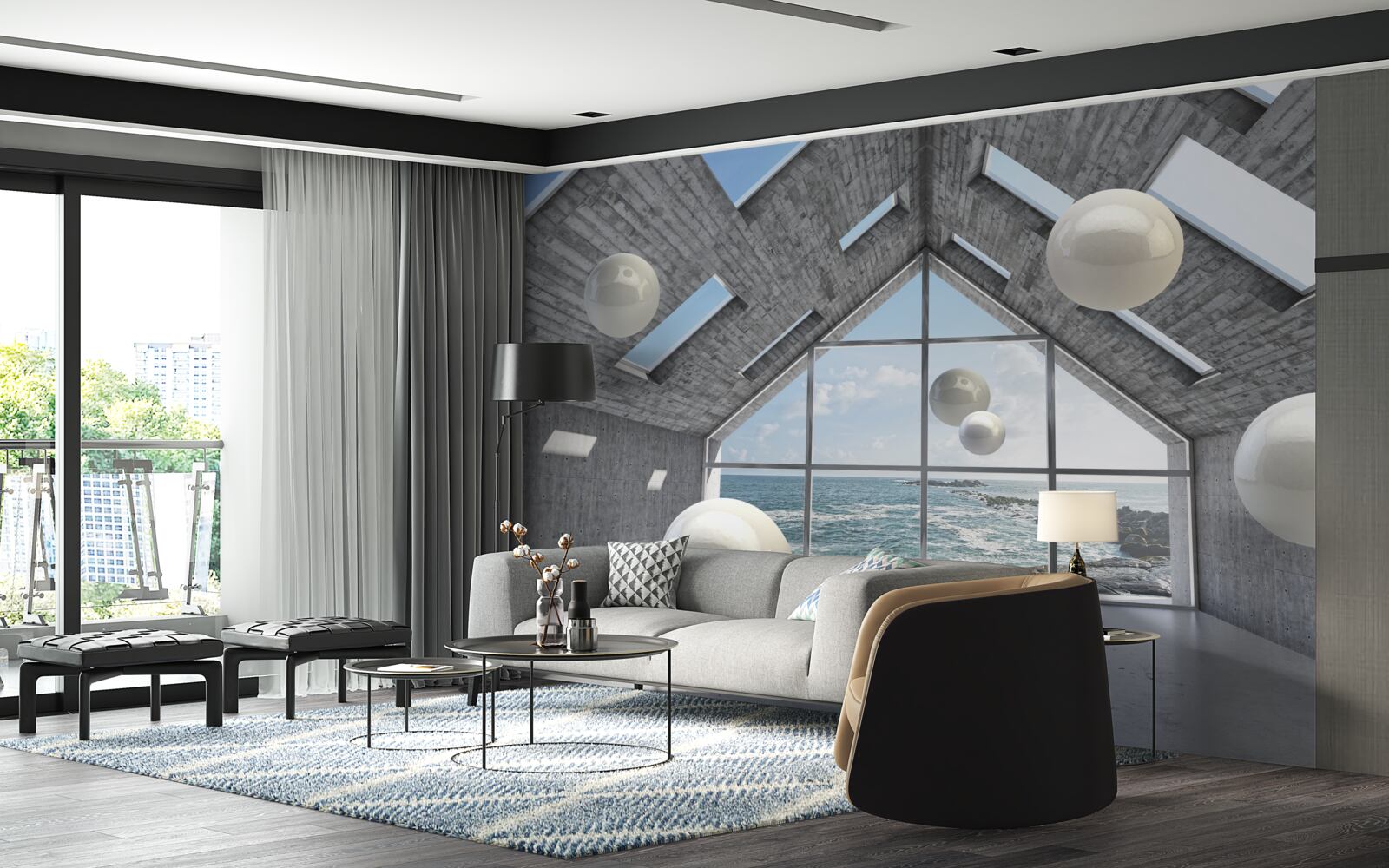 Fototapet perle sferice plutitoare în interiorul unei clădiri gri