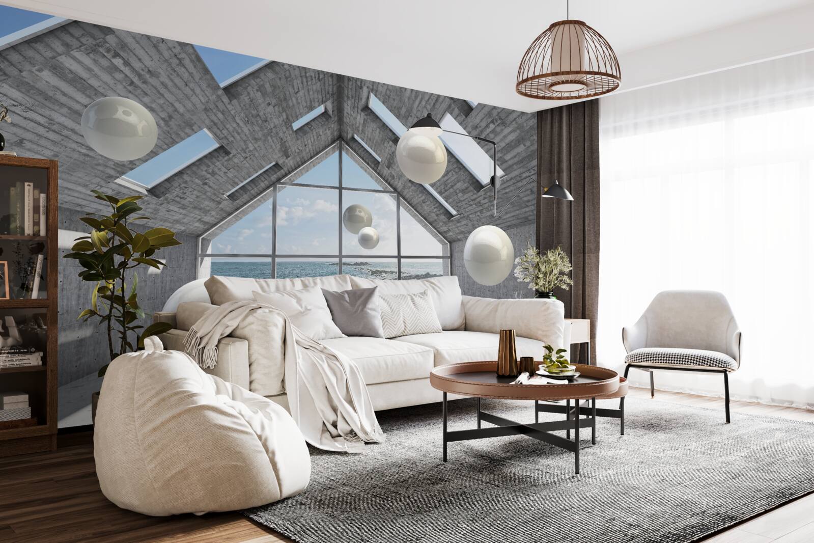 Fototapet perle sferice plutitoare în interiorul unei clădiri gri