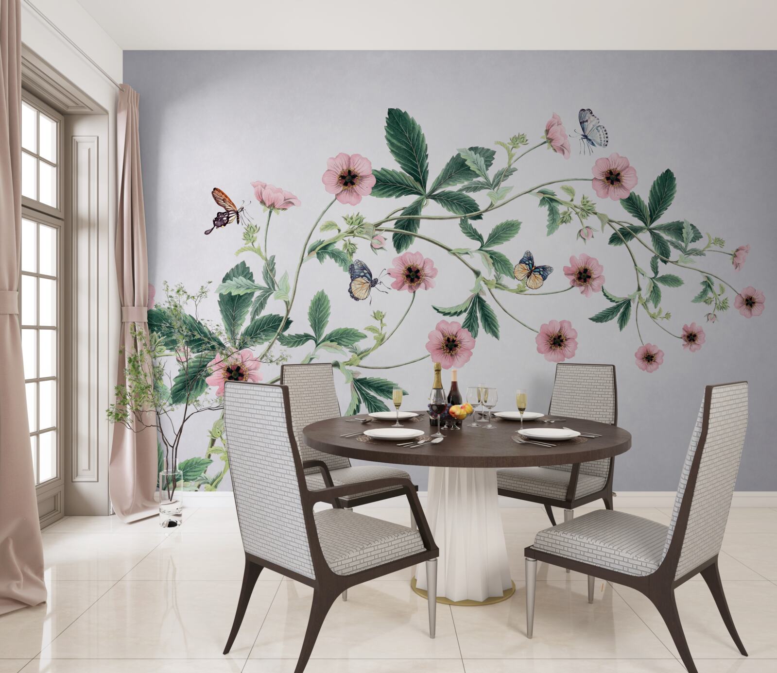 Fototapet muguri roz pe ramuri pe un fundal gri