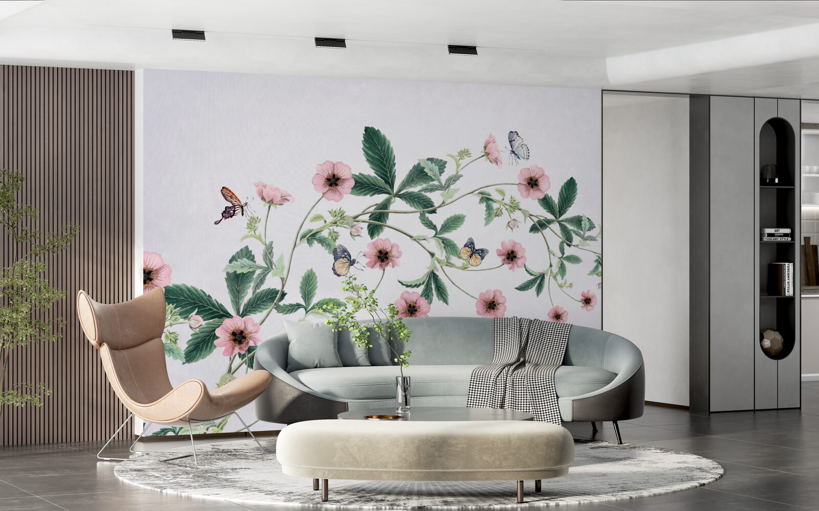 Fototapet muguri roz pe ramuri pe un fundal gri