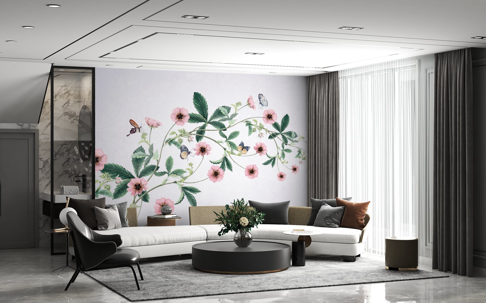 Fototapet muguri roz pe ramuri pe un fundal gri