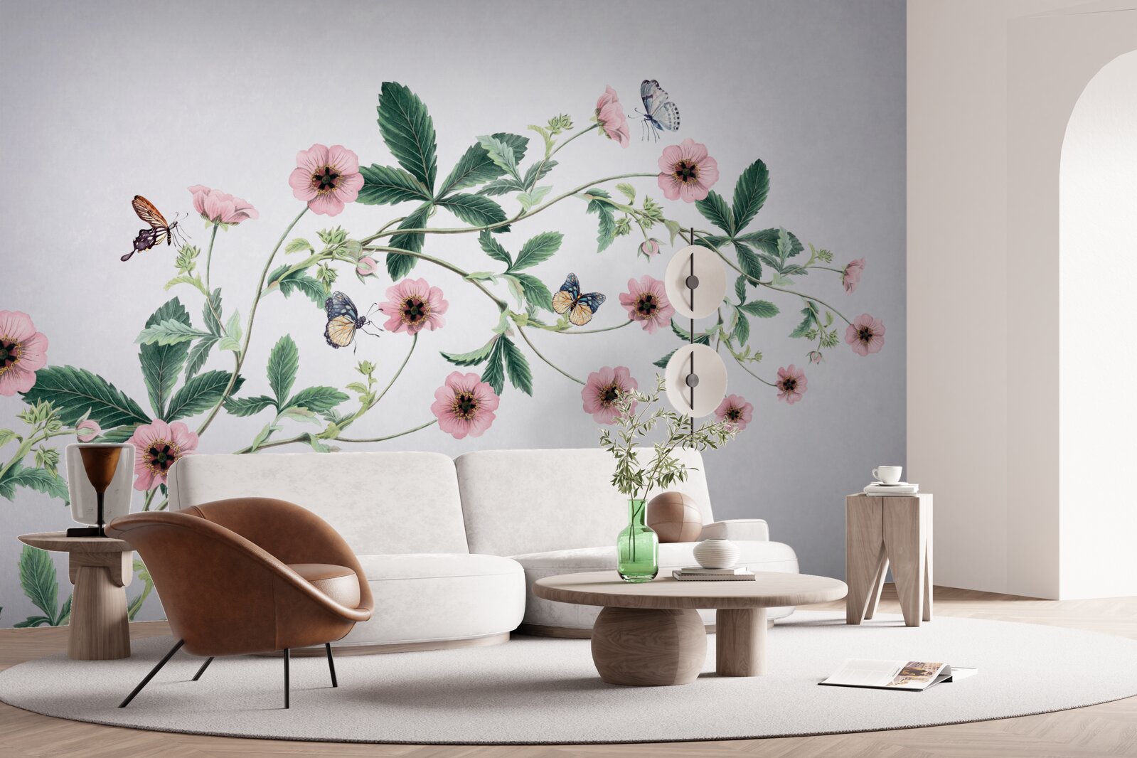 Fototapet muguri roz pe ramuri pe un fundal gri