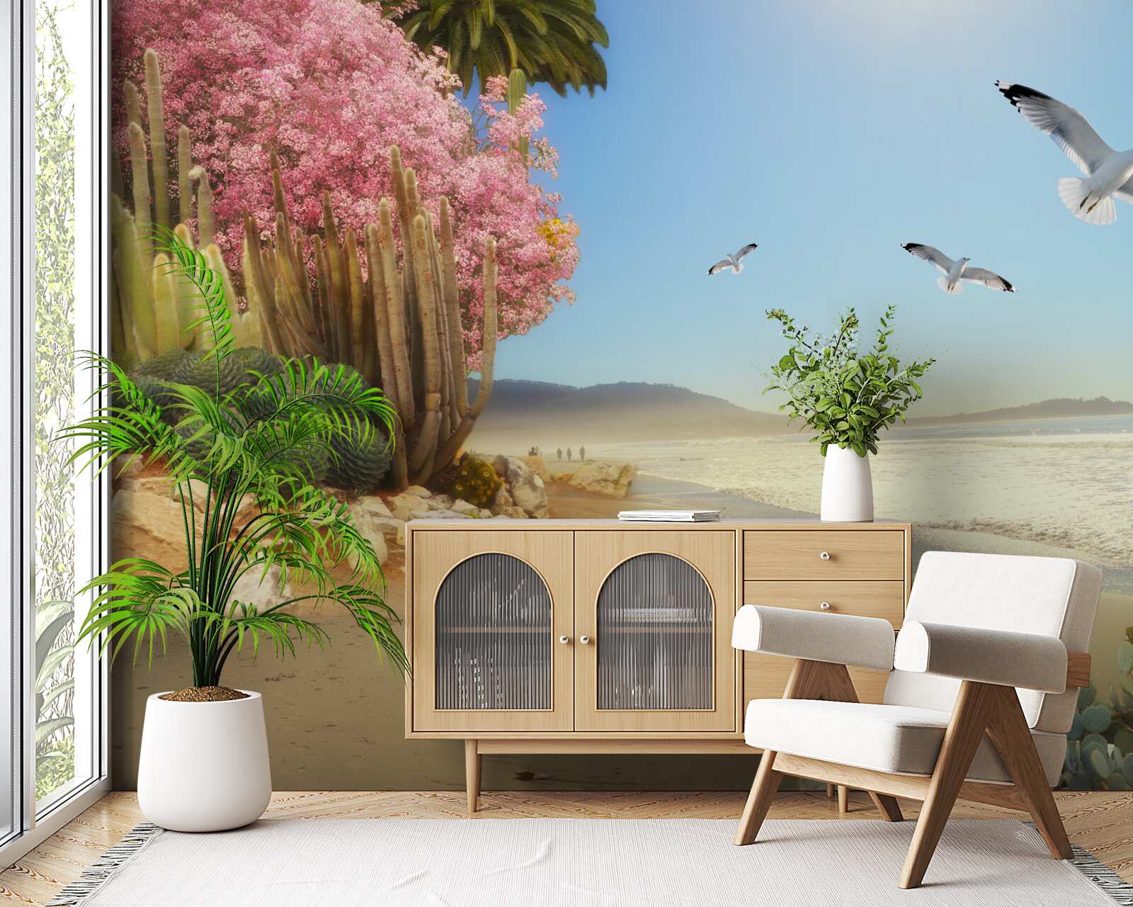 Fototapet un stol de pescăruși zboară peste un țărm calm