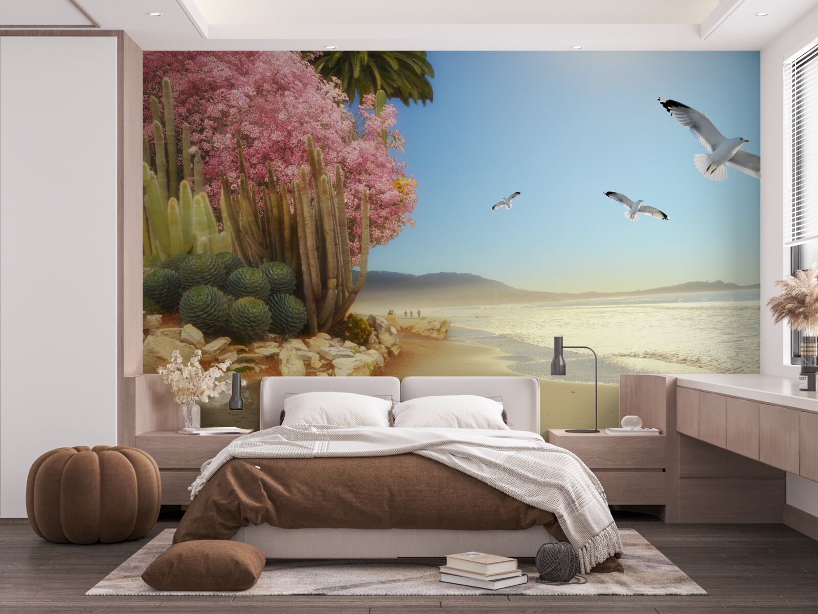 Fototapet un stol de pescăruși zboară peste un țărm calm