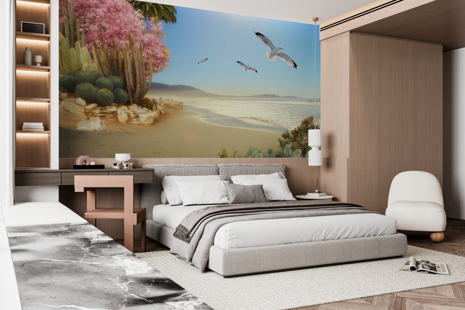 Fototapet un stol de pescăruși zboară peste un țărm calm