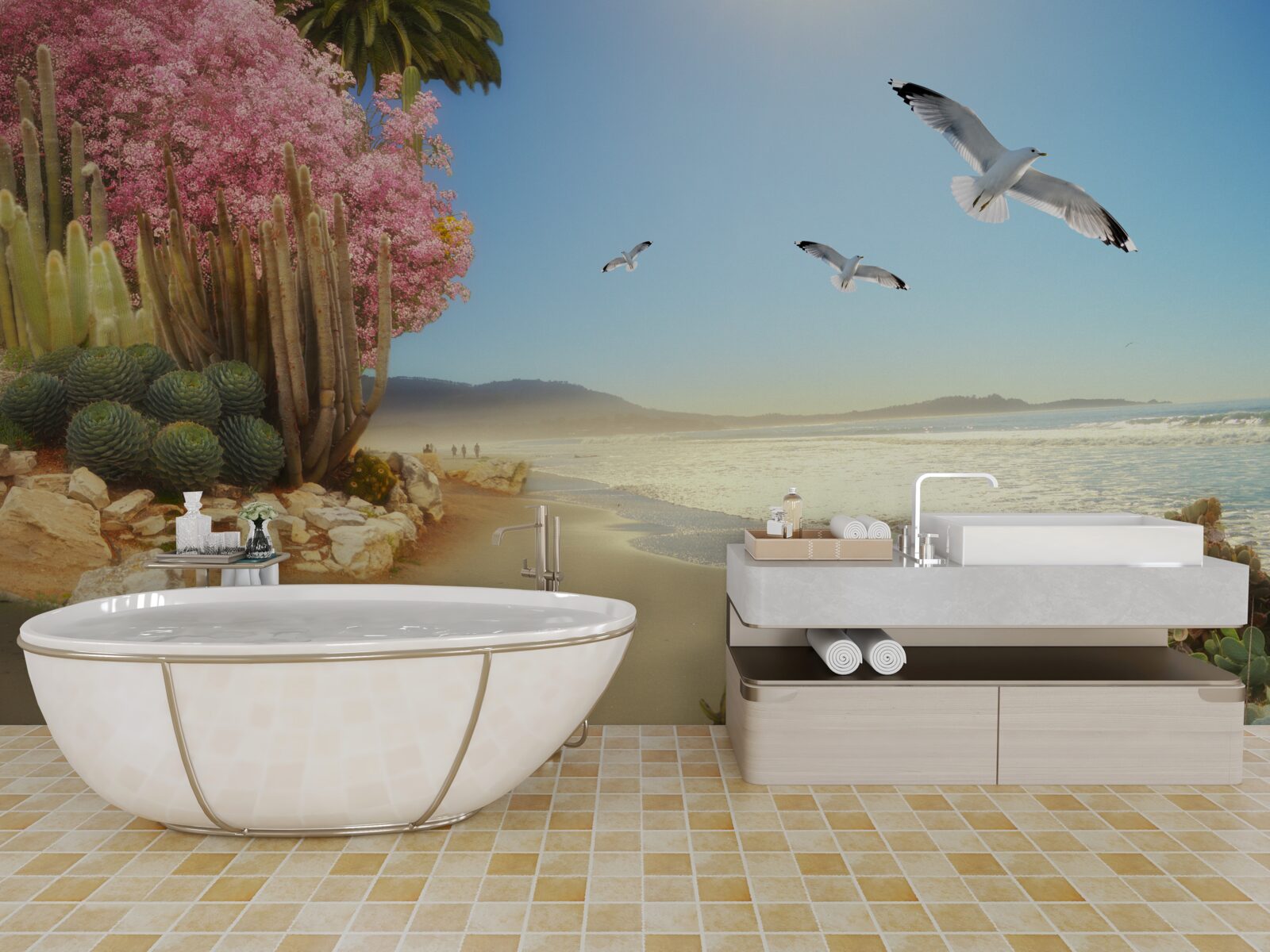 Fototapet un stol de pescăruși zboară peste un țărm calm