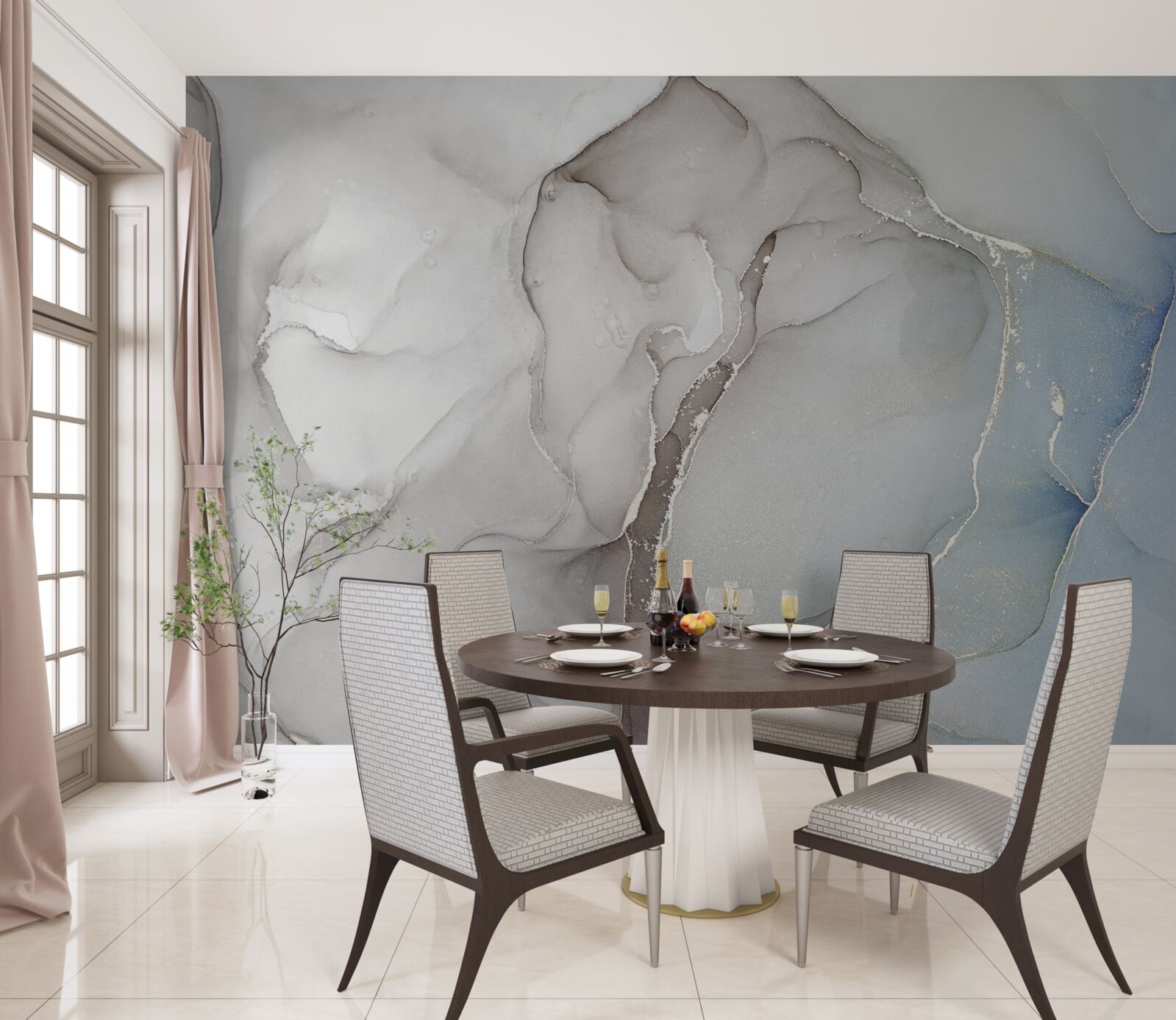 Fototapet marmură gri deschis intercalată cu tonuri aurii și albastre