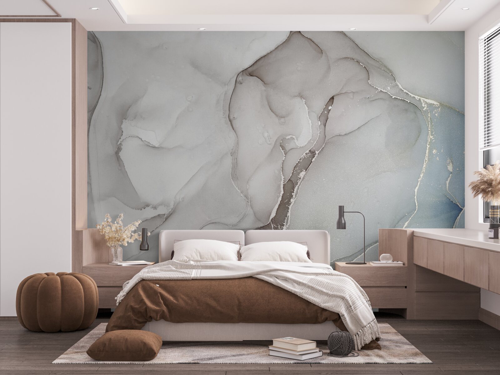 Fototapet marmură gri deschis intercalată cu tonuri aurii și albastre