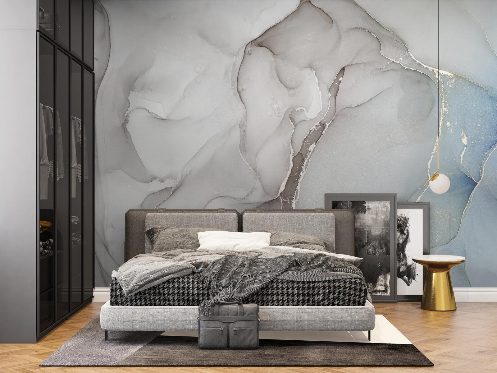 Fototapet marmură gri deschis intercalată cu tonuri aurii și albastre