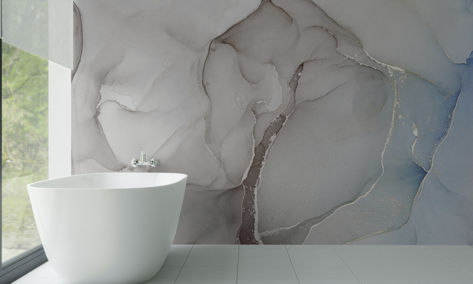 Fototapet marmură gri deschis intercalată cu tonuri aurii și albastre