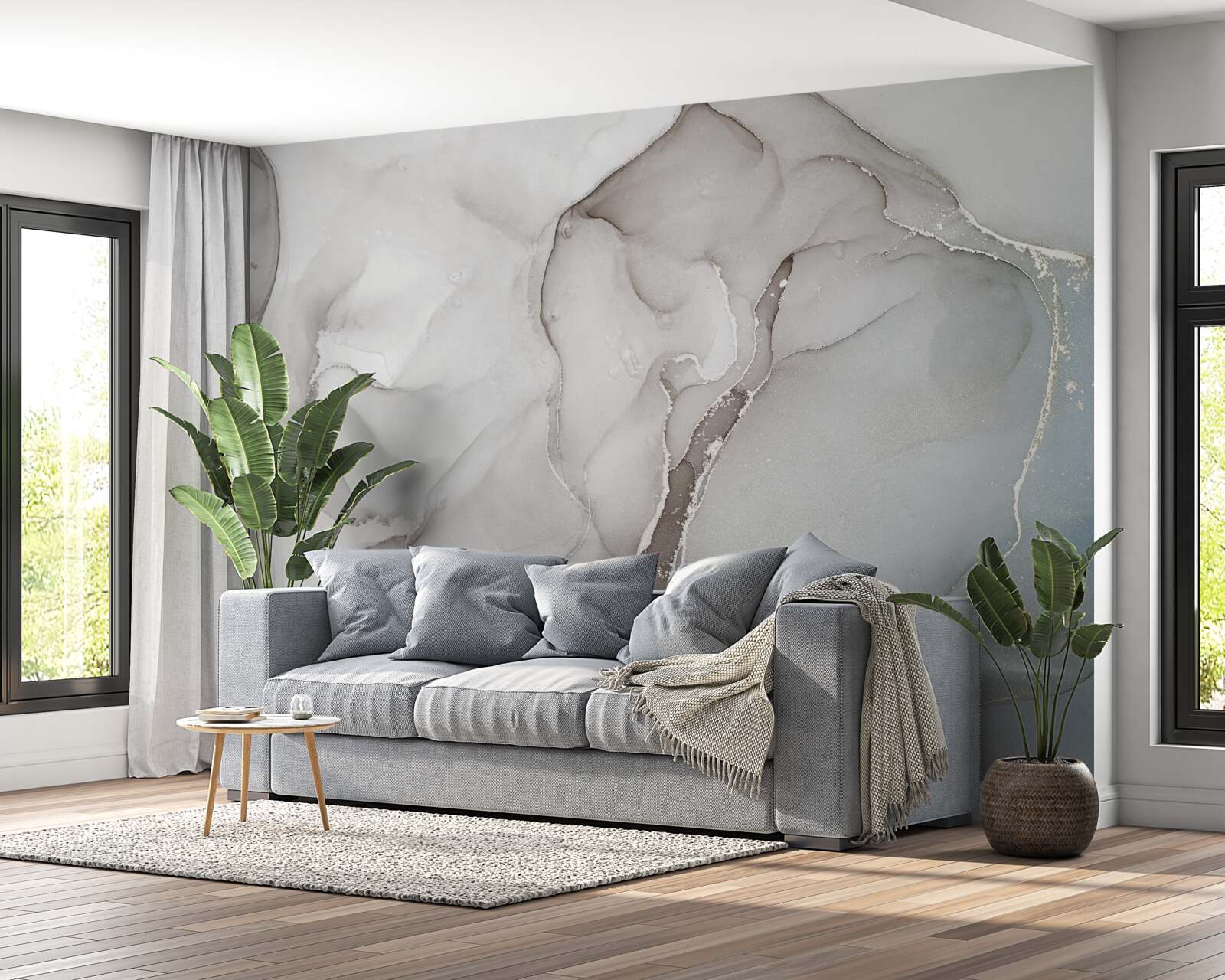 Fototapet marmură gri deschis intercalată cu tonuri aurii și albastre