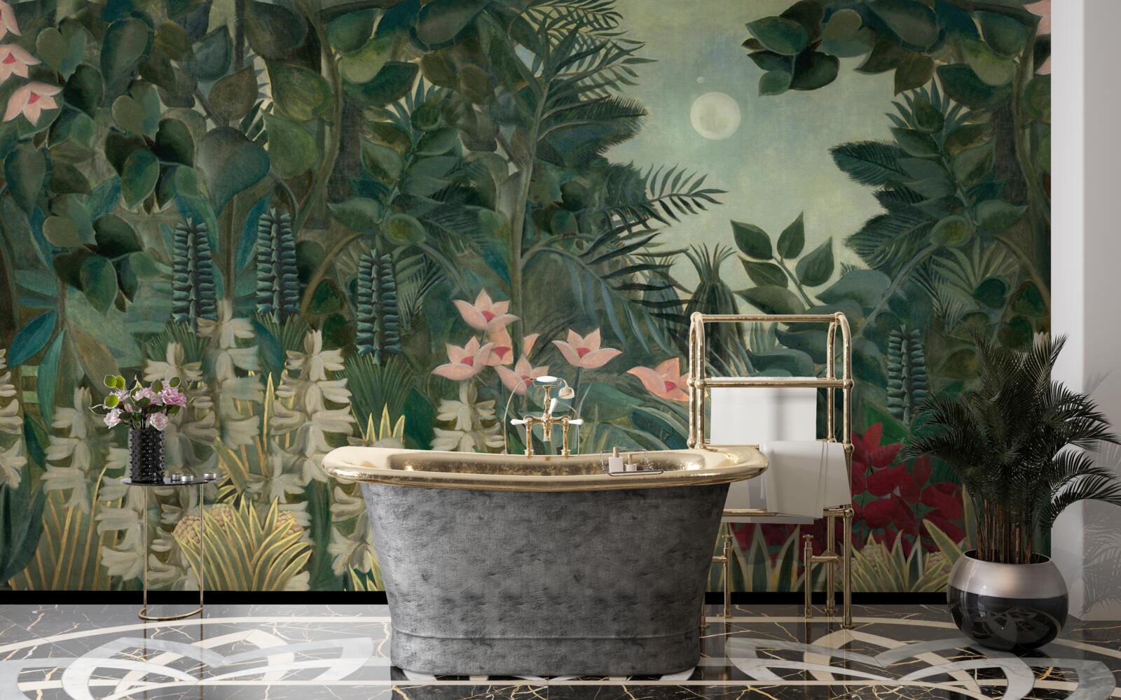 Fototapet luna strălucește pe cerul nopții deasupra pădurii tropicale verzi