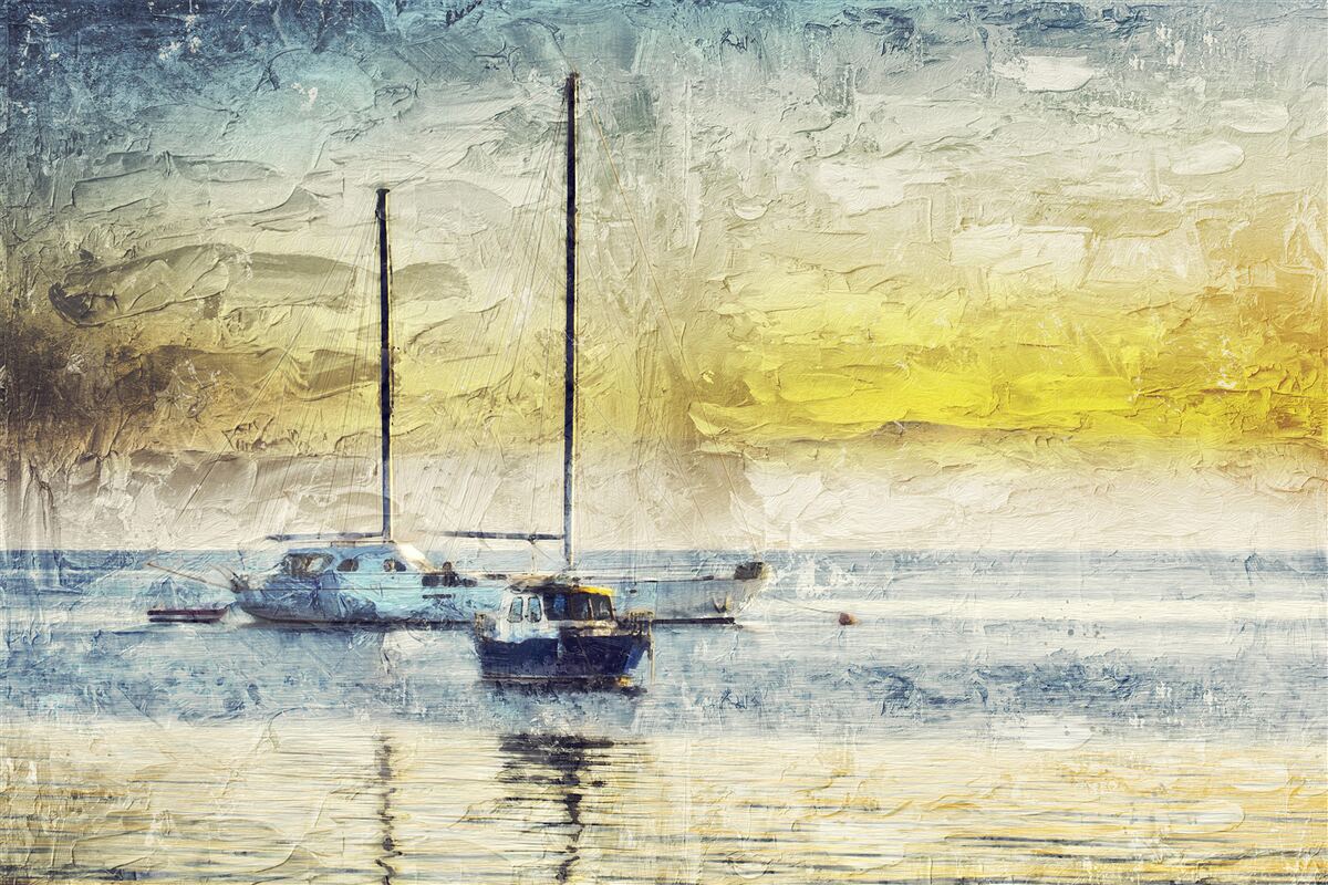 Fototapet apusul de soare colorează iahturile din golf