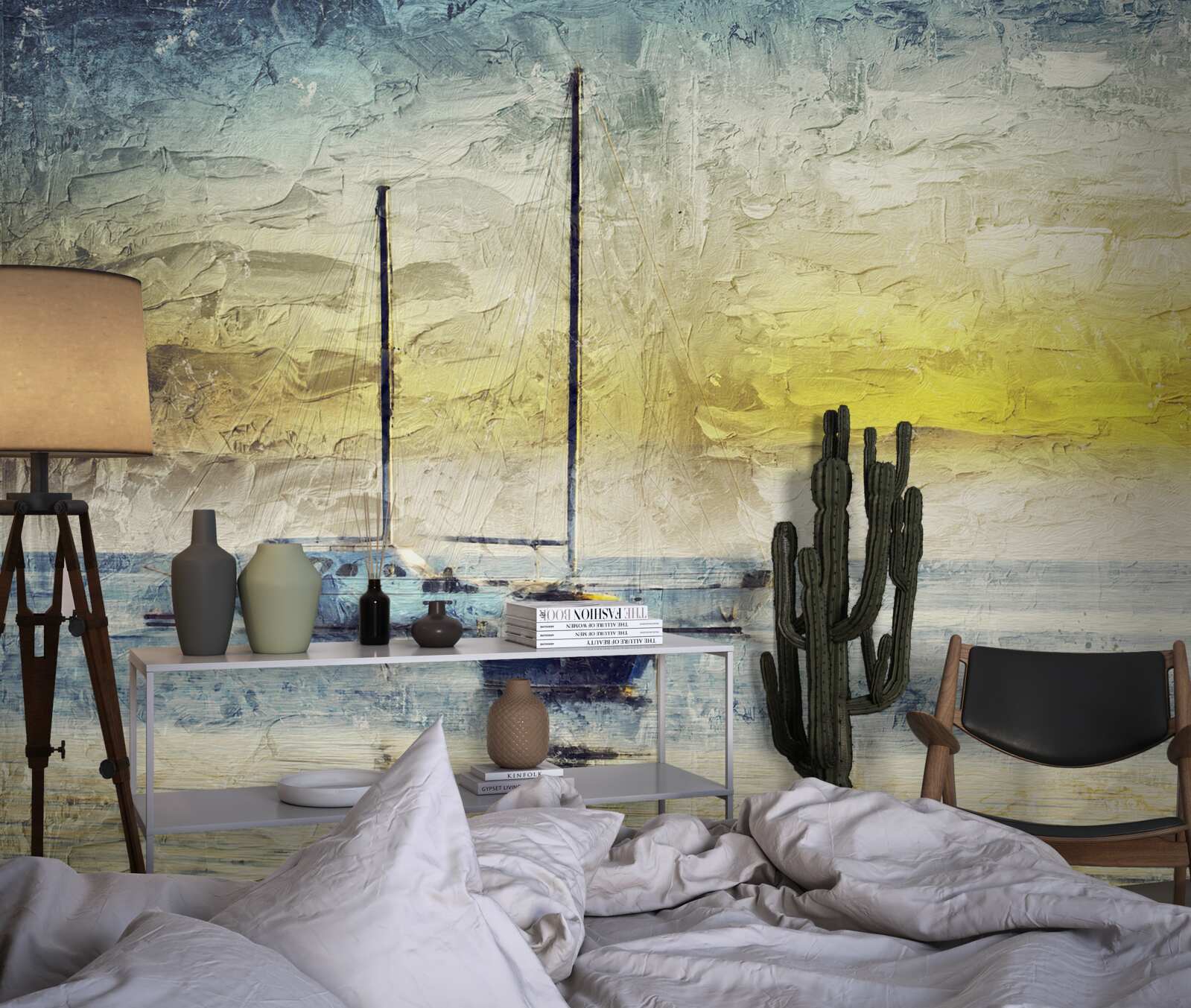 Fototapet apusul de soare colorează iahturile din golf