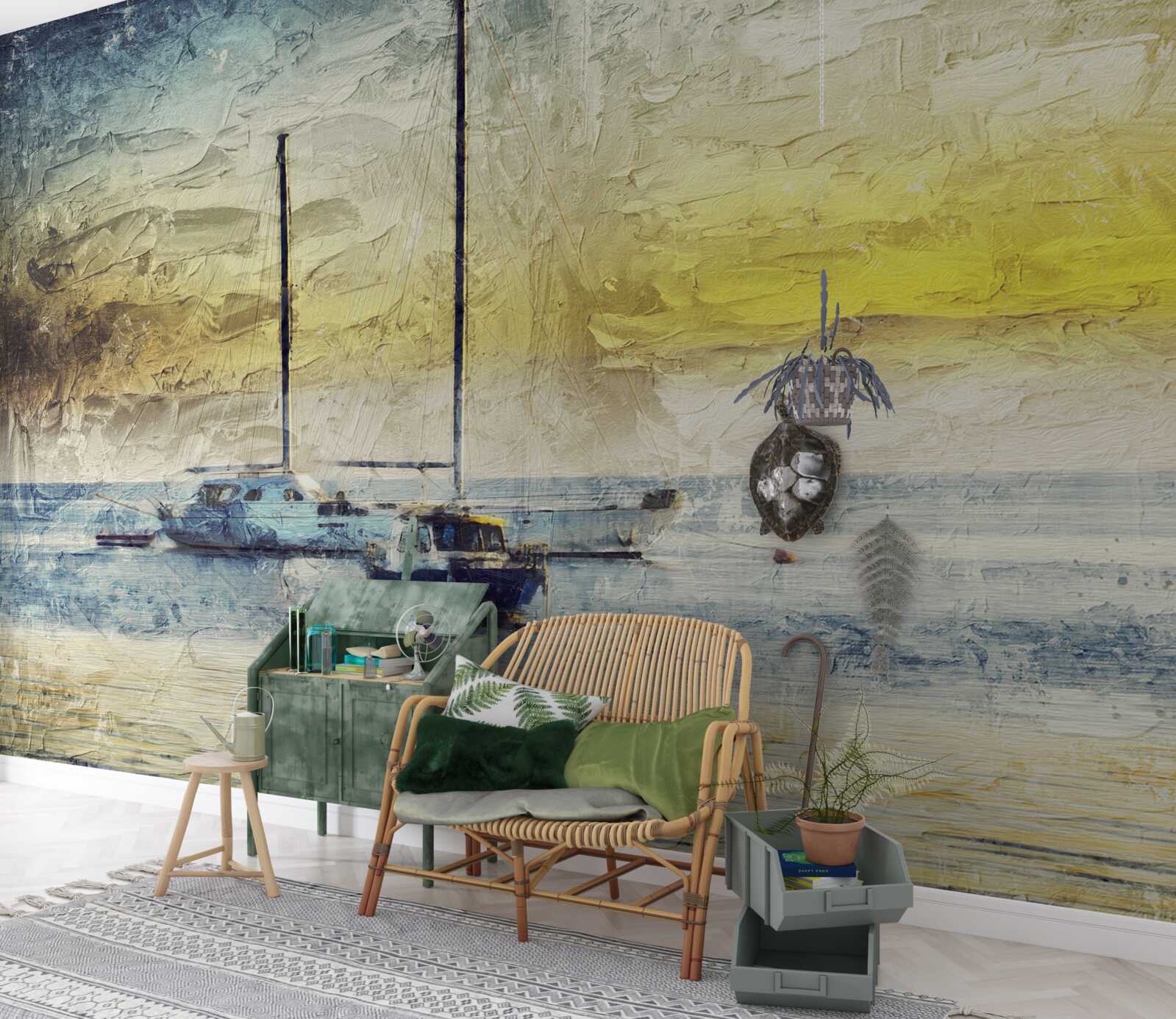 Fototapet apusul de soare colorează iahturile din golf