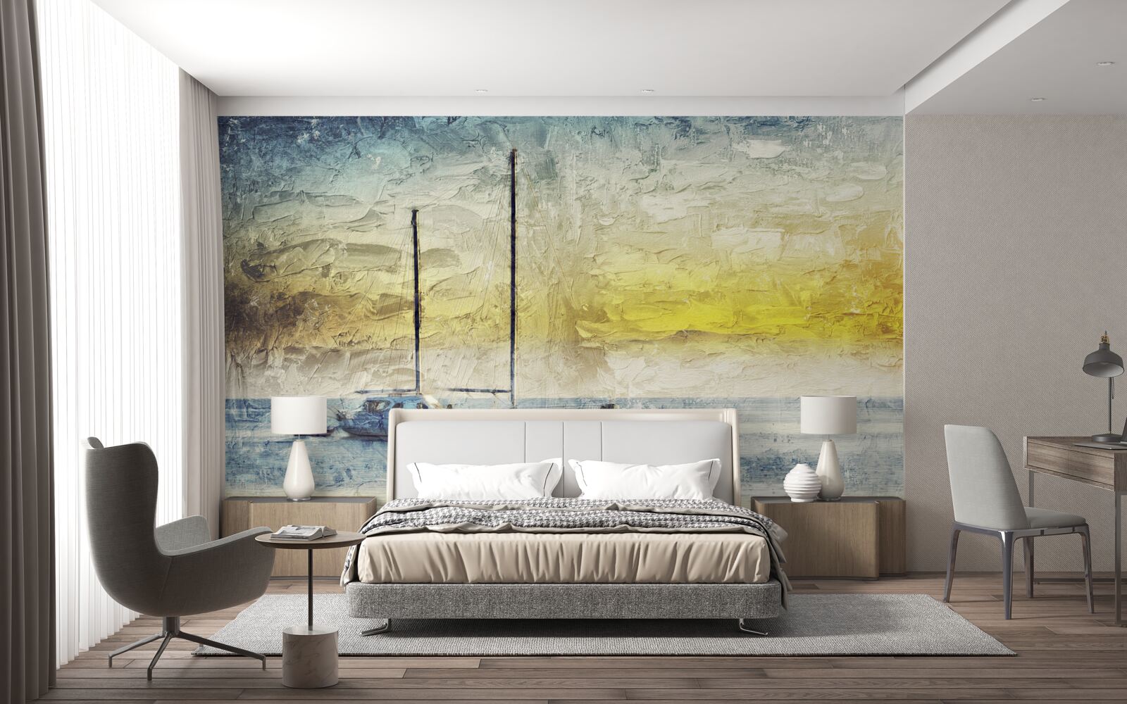 Fototapet apusul de soare colorează iahturile din golf