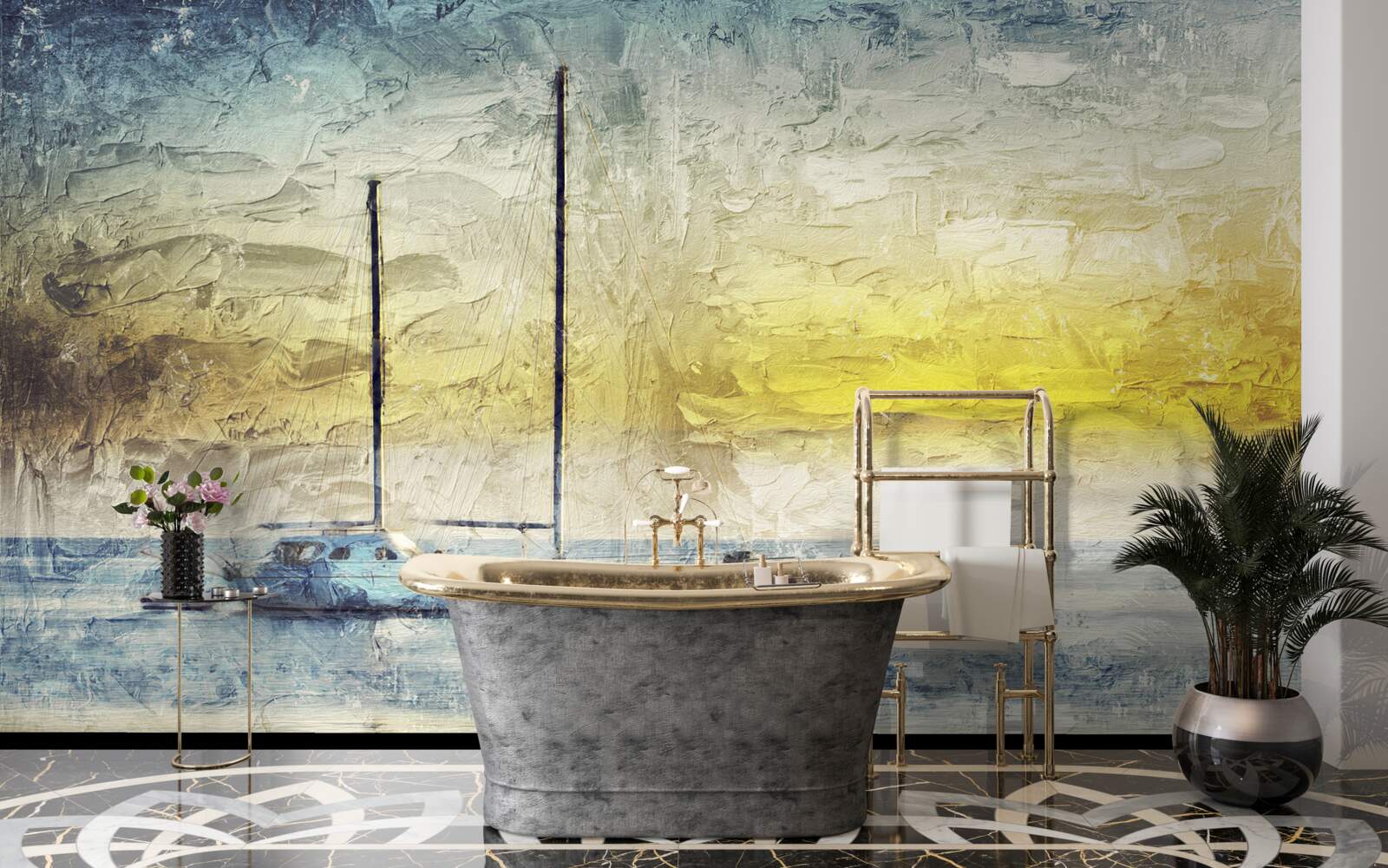 Fototapet apusul de soare colorează iahturile din golf