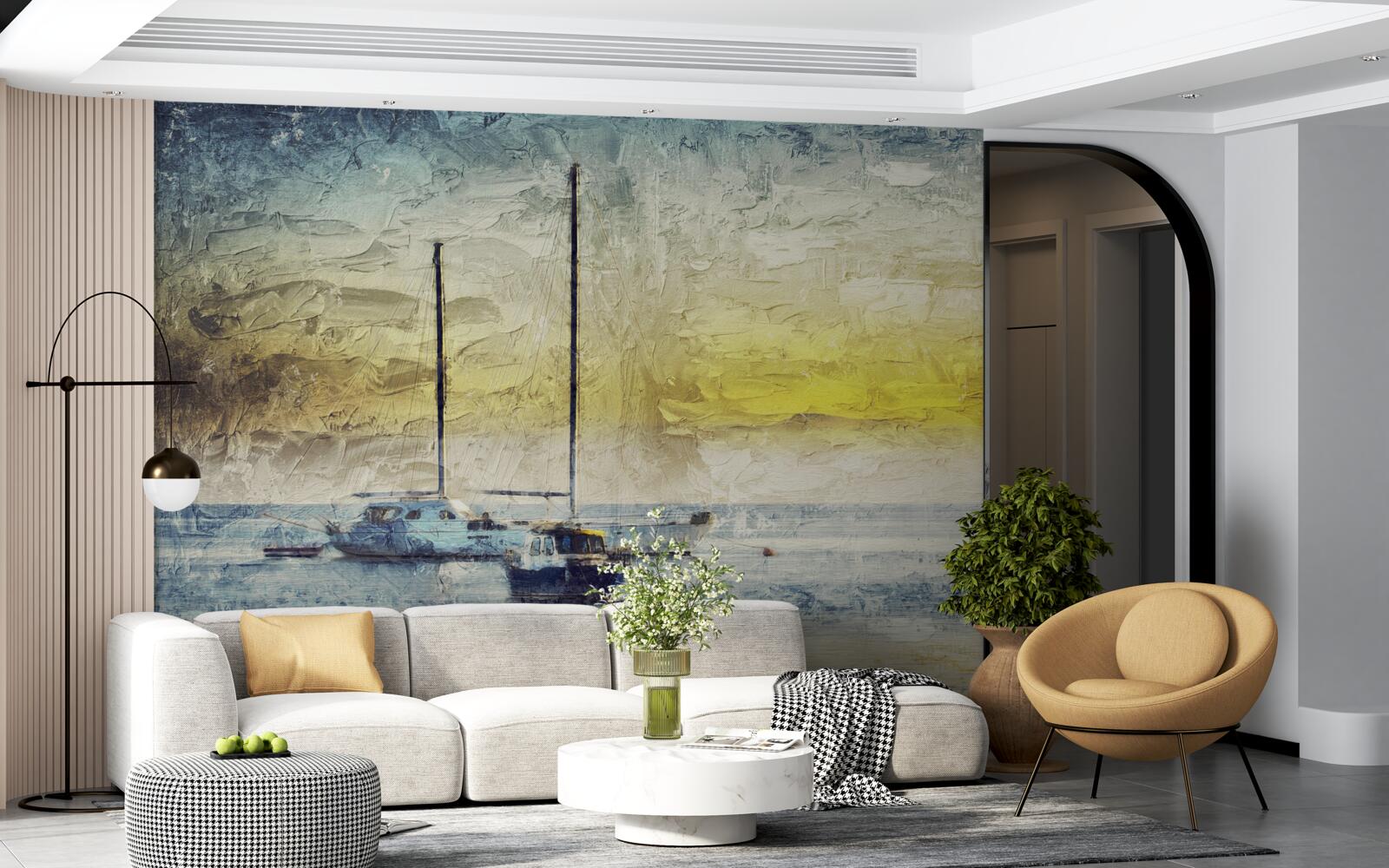 Fototapet apusul de soare colorează iahturile din golf