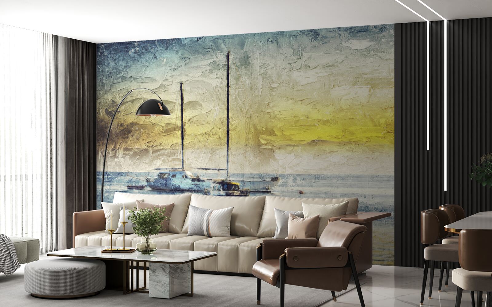 Fototapet apusul de soare colorează iahturile din golf