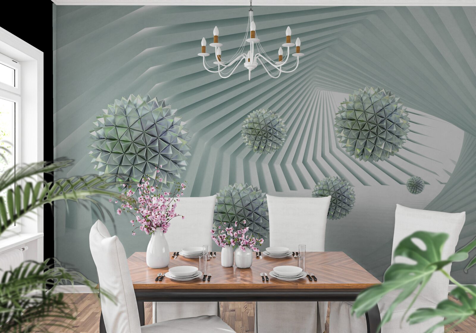 Fototapet tunel cu model geometric și bile zburătoare